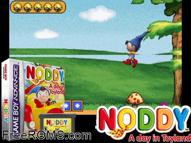 Noddy - A Day In Toyland Gameboy Advance game showing 3D box cover and gameplay screenshot