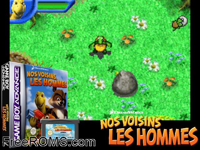 Nos Voisins - Les Hommes (France) Gameboy Advance game showing 3D box cover and gameplay screenshot