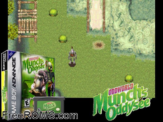 Oddworld - Munch's Oddysee (Germany) Gameboy Advance game showing 3D box cover and gameplay screenshot