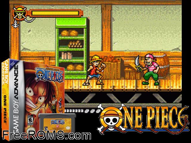 One Piece Gameboy Advance game showing 3D box cover and gameplay screenshot