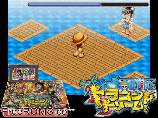 One Piece Dragon Dream (Japan) Gameboy Advance game showing 3D box cover and gameplay screenshot