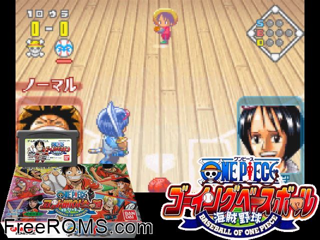 One Piece - Going Baseball - Haejeok Yaku (K) Gameboy Advance game showing 3D box cover and gameplay screenshot