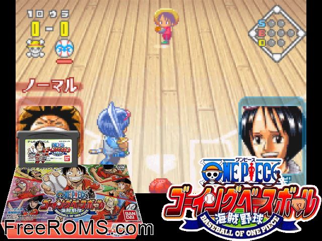 One Piece - Going Baseball - Kaizoku Yakyuu (Japan) Gameboy Advance game showing 3D box cover and gameplay screenshot