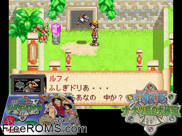 One Piece - Ilgop Seomui Debomool (K) Gameboy Advance game showing 3D box cover and gameplay screenshot