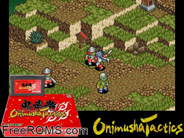 Onimusha Tactics (Japan) Gameboy Advance game showing 3D box cover and gameplay screenshot