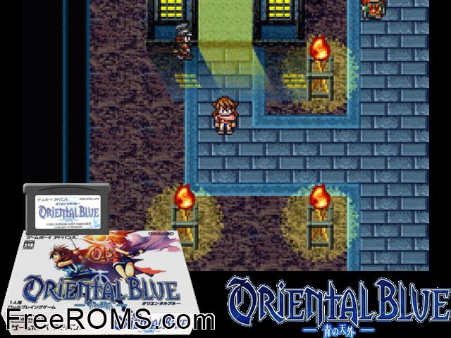Oriental Blue - Ao No Tengai (Japan) Gameboy Advance game showing 3D box cover and gameplay screenshot