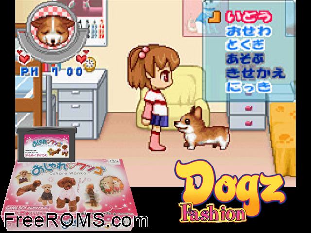 Oshare Wanko (Japan) Gameboy Advance game showing 3D box cover and gameplay screenshot