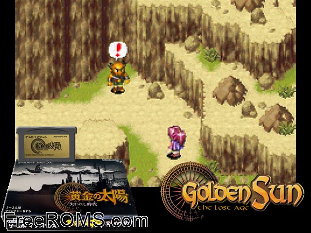 Ougon No Taiyou - Ushinawareshi Toki (Japan) Gameboy Advance game showing 3D box cover and gameplay screenshot
