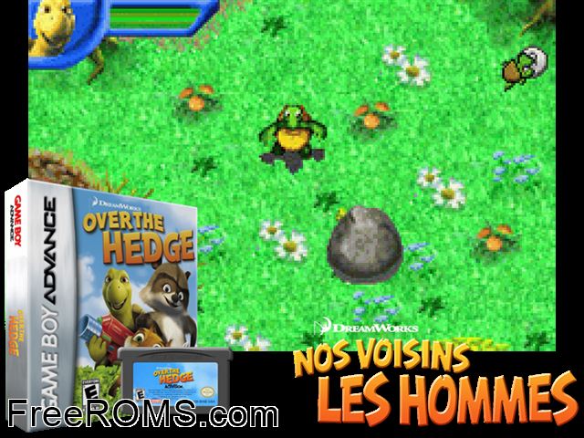 Over The Hedge (Spain) Gameboy Advance game showing 3D box cover and gameplay screenshot