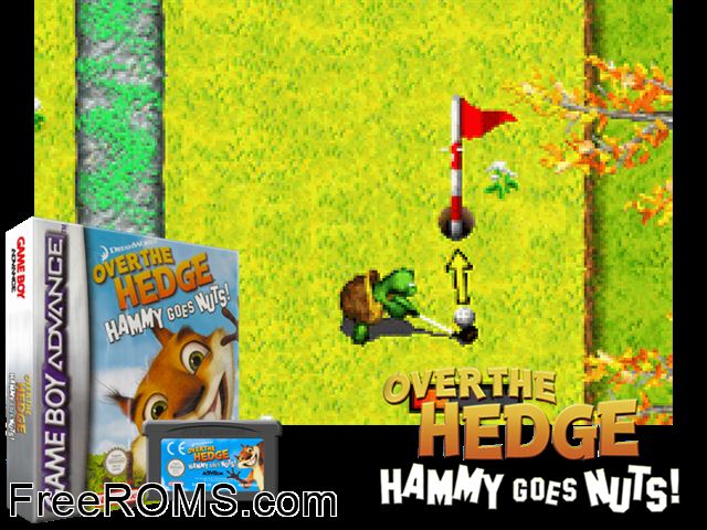 Over The Hedge - Hammy Goes Nuts Gameboy Advance game showing 3D box cover and gameplay screenshot
