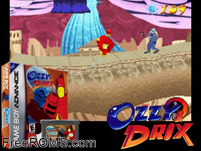 Ozzy And Drix Gameboy Advance game showing 3D box cover and gameplay screenshot
