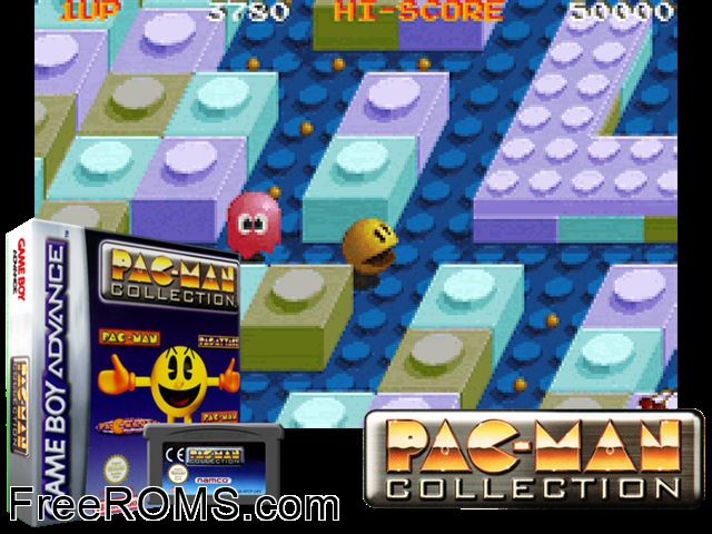 Pac-Man Collection Gameboy Advance game showing 3D box cover and gameplay screenshot