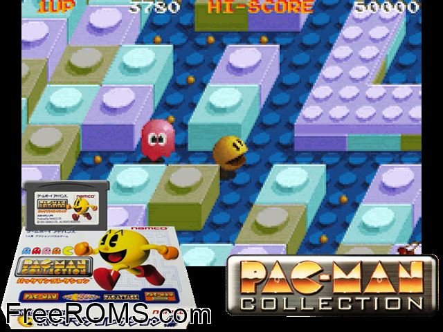Pac-Man Collection (Japan) Gameboy Advance game showing 3D box cover and gameplay screenshot