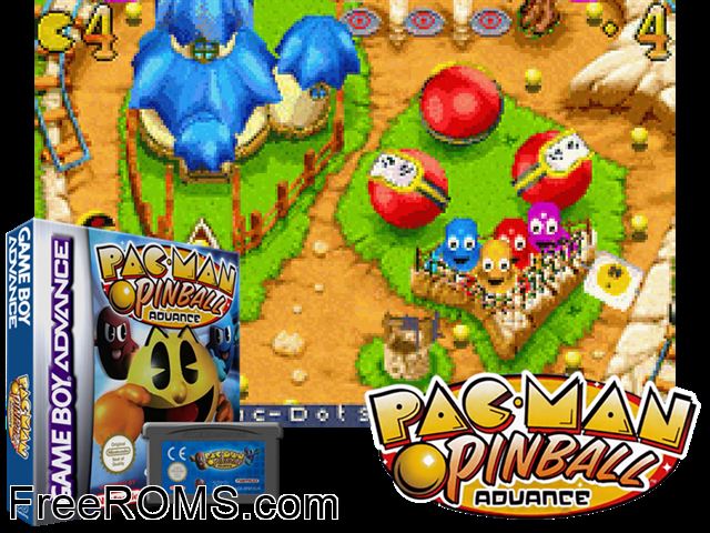 Pac-Man Pinball Advance Gameboy Advance game showing 3D box cover and gameplay screenshot