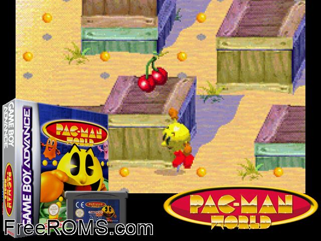 Pac-Man World Gameboy Advance game showing 3D box cover and gameplay screenshot
