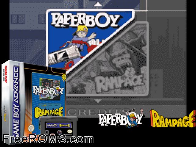 Paperboy, Rampage Gameboy Advance game showing 3D box cover and gameplay screenshot