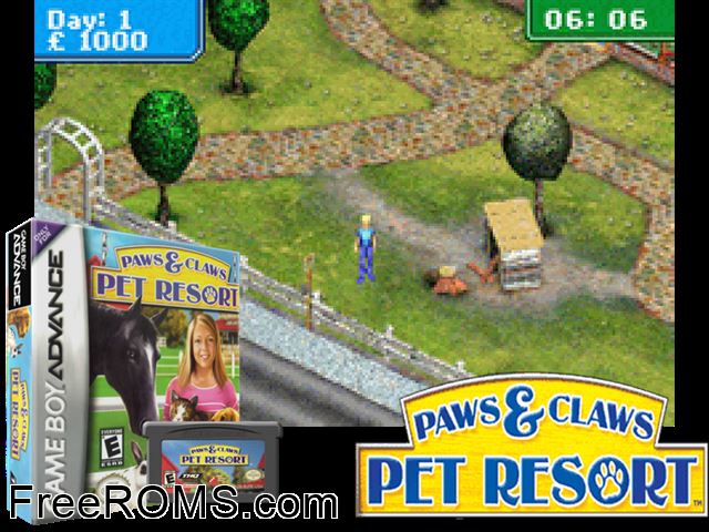 Paws And Claws - Pet Resort Gameboy Advance game showing 3D box cover and gameplay screenshot
