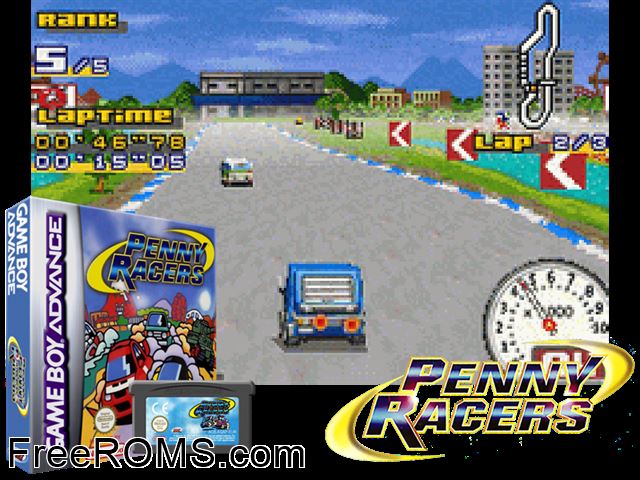 Penny Racers Gameboy Advance game showing 3D box cover and gameplay screenshot