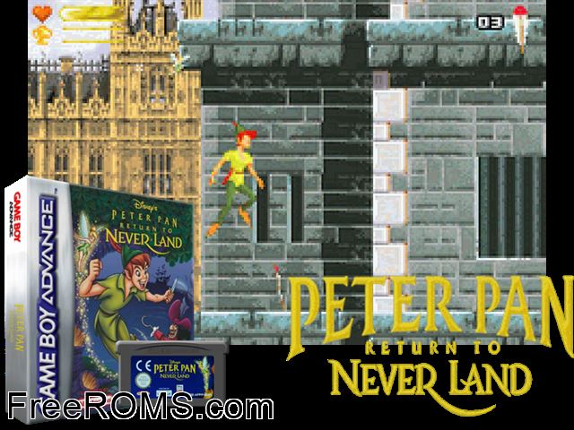 Peter Pan - Return To Neverland Gameboy Advance game showing 3D box cover and gameplay screenshot
