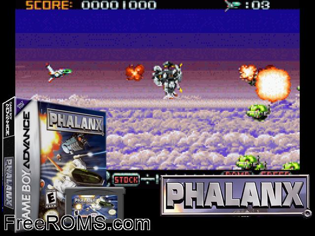 Phalanx - The Enforce Fighter A-144 Gameboy Advance game showing 3D box cover and gameplay screenshot