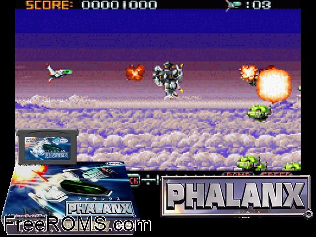 Phalanx - The Enforce Fighter A-144 (Japan) Gameboy Advance game showing 3D box cover and gameplay screenshot