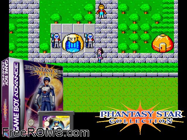 Phantasy Star Collection Gameboy Advance game showing 3D box cover and gameplay screenshot