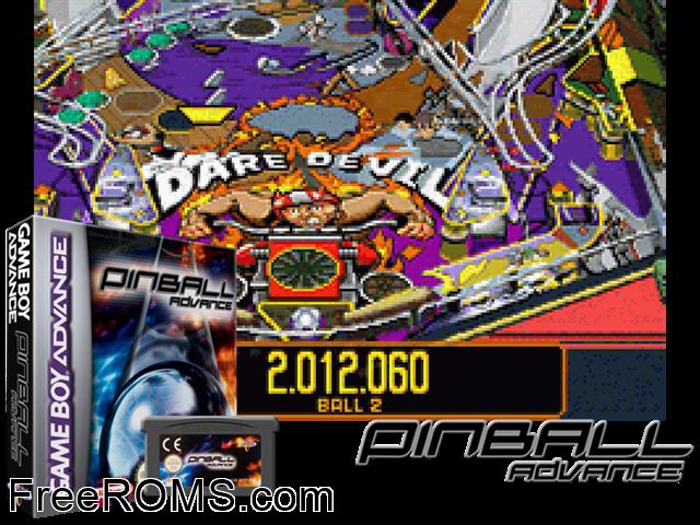 Pinball Advance Gameboy Advance game showing 3D box cover and gameplay screenshot