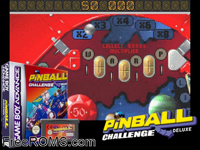 Pinball Challenge Deluxe Gameboy Advance game showing 3D box cover and gameplay screenshot