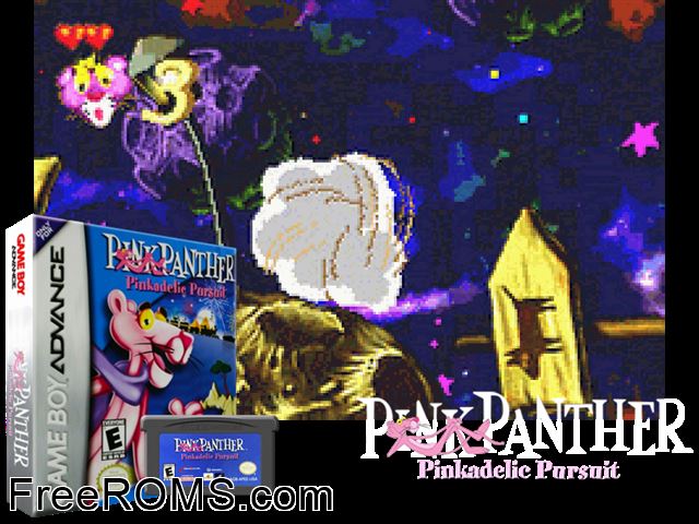 Pink Panther - Pinkadelic Pursuit Gameboy Advance game showing 3D box cover and gameplay screenshot