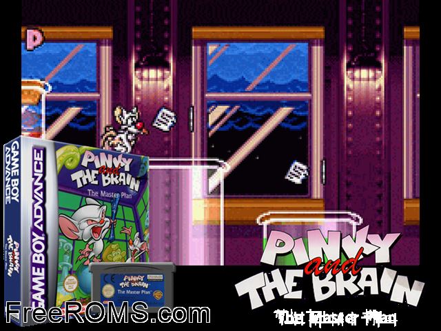 Pinky And The Brain - The Masterplan Gameboy Advance game showing 3D box cover and gameplay screenshot