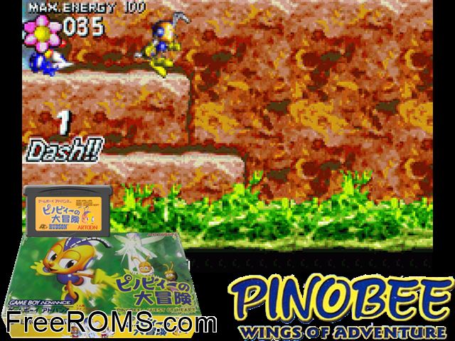 Pinobee No Daibouken (Japan) Gameboy Advance game showing 3D box cover and gameplay screenshot