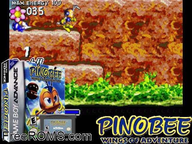 Pinobee - Wings Of Adventure Gameboy Advance game showing 3D box cover and gameplay screenshot