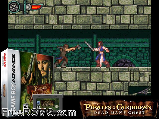 Pirates Of The Caribbean - Dead Man's Chest Gameboy Advance game showing 3D box cover and gameplay screenshot