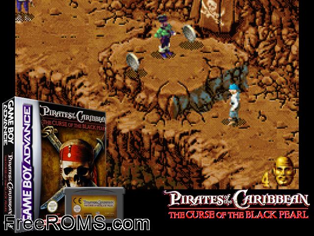 Pirates Of The Caribbean - The Curse Of The Black Pearl Gameboy Advance game showing 3D box cover and gameplay screenshot