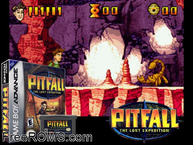 Pitfall - The Lost Expedition Gameboy Advance game showing 3D box cover and gameplay screenshot