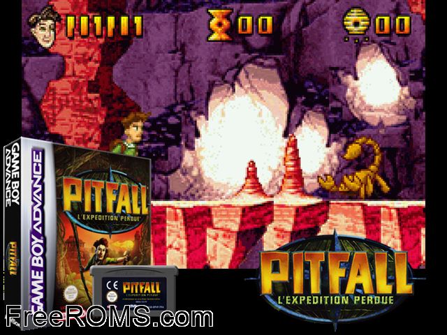 Pitfall - The Lost Expedition (France) Gameboy Advance game showing 3D box cover and gameplay screenshot