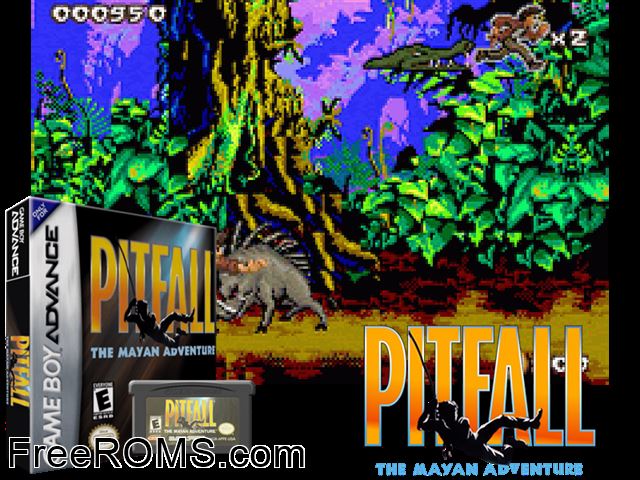 Pitfall - The Mayan Adventure Gameboy Advance game showing 3D box cover and gameplay screenshot