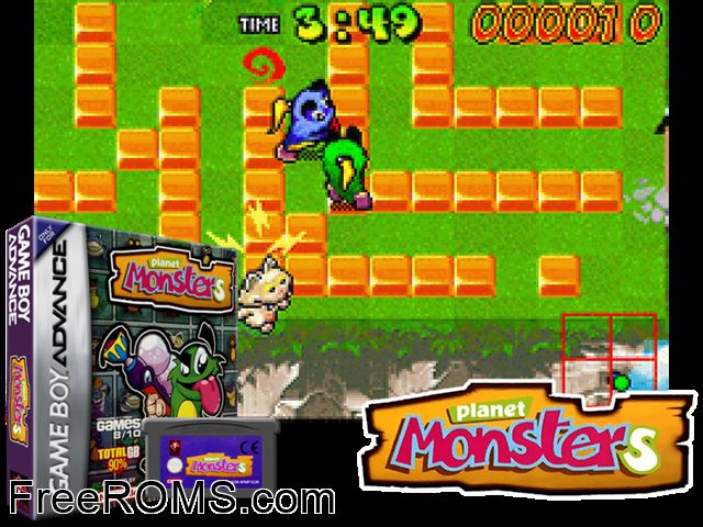 Planet Monsters Gameboy Advance game showing 3D box cover and gameplay screenshot