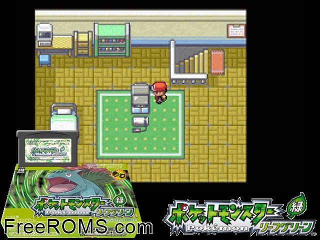 Pocket Monsters Leaf Green (Japan) Gameboy Advance game showing 3D box cover and gameplay screenshot