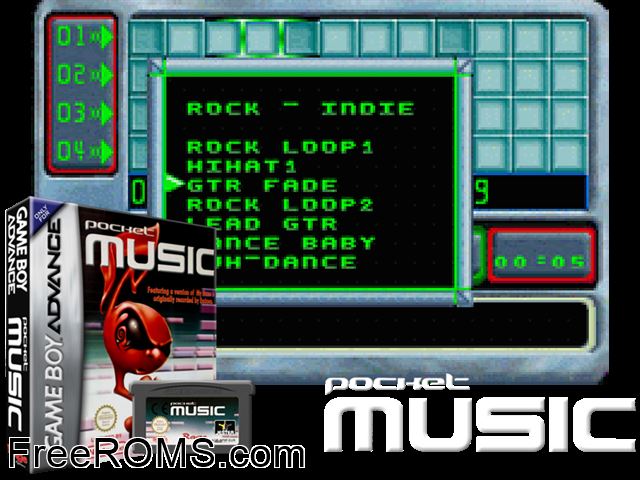 Pocket Music Gameboy Advance game showing 3D box cover and gameplay screenshot
