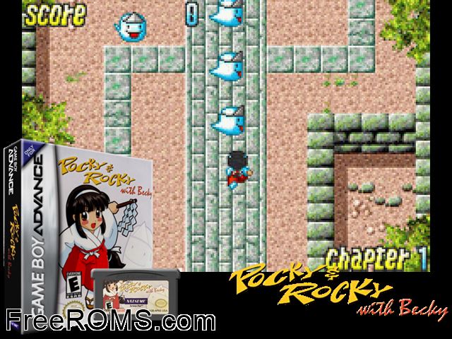 Pocky And Rocky With Becky Gameboy Advance game showing 3D box cover and gameplay screenshot