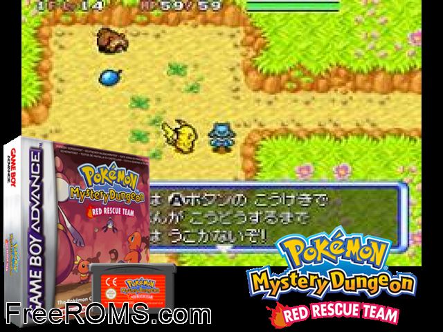 Pokemon Mystery Dungeon Red Rescue Team Gameboy Advance game showing 3D box cover and gameplay screenshot