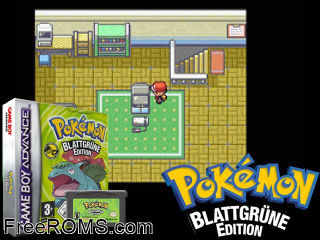 Pokemon: Blattgruene Edition (Germany) Gameboy Advance game showing 3D box cover and gameplay screenshot