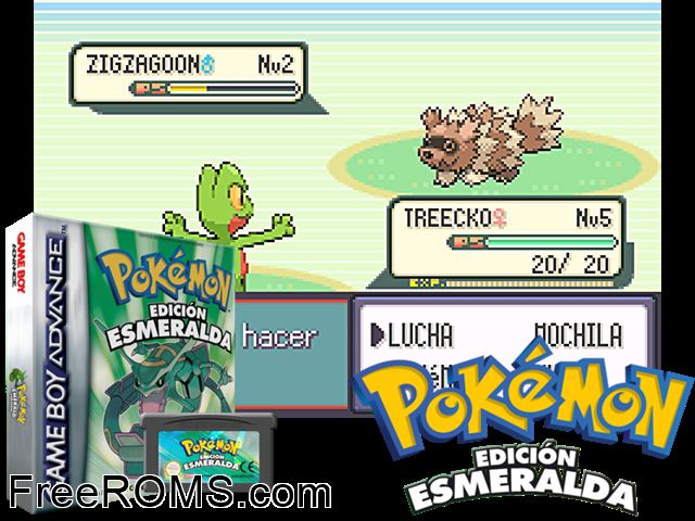 Pokemon: Edicion Esmeralda (Spain) Gameboy Advance game showing 3D box cover and gameplay screenshot
