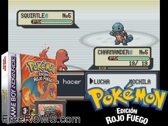 Pokemon: Edicion Rojo Fuego (Spain) Gameboy Advance game showing 3D box cover and gameplay screenshot