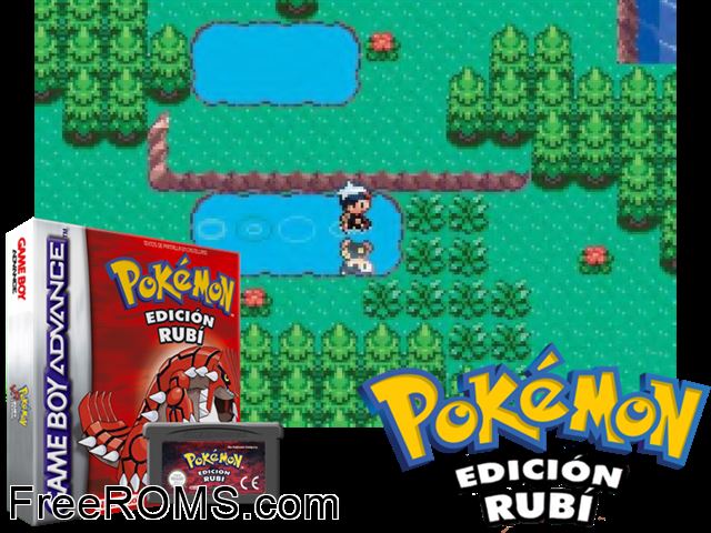 Pokemon: Edicion Rubi (Spain) (V1.0) Gameboy Advance game showing 3D box cover and gameplay screenshot