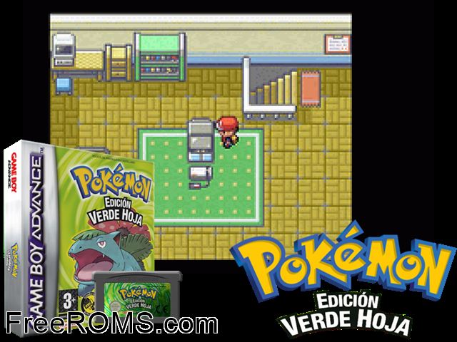 Pokemon: Edicion Verde Hoja (Spain) Gameboy Advance game showing 3D box cover and gameplay screenshot