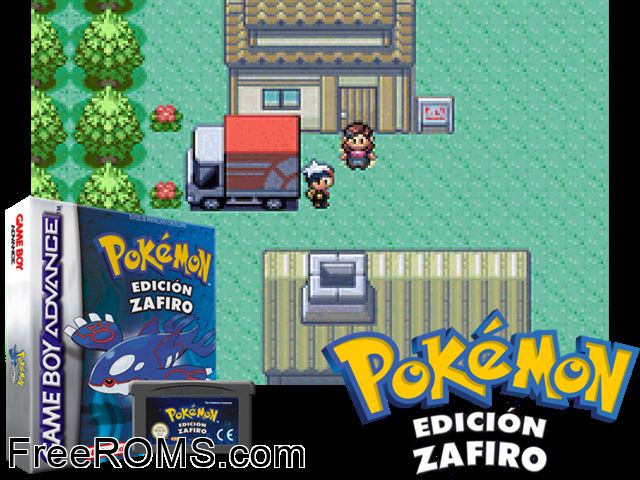 Pokemon: Edicion Zafiro (Spain) (V1.0) Gameboy Advance game showing 3D box cover and gameplay screenshot
