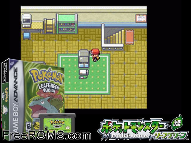Pokemon: Leaf Green Version Gameboy Advance game showing 3D box cover and gameplay screenshot