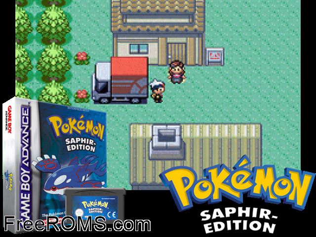 Pokemon: Saphir-Edition (Germany) (V1.0) Gameboy Advance game showing 3D box cover and gameplay screenshot